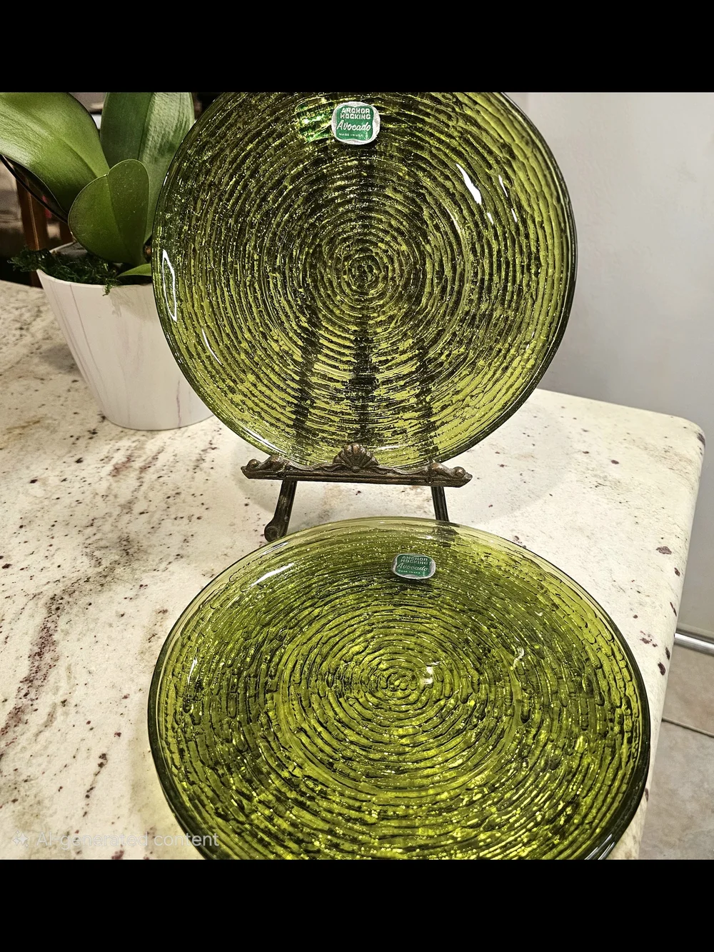 1960s Anchor Hocking Soreno Avocado Green Glass Plates MCM Bark Set 4-10